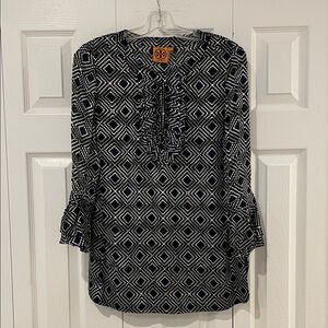 Tory Burch Navy and White Diamond Print Silk Tunic